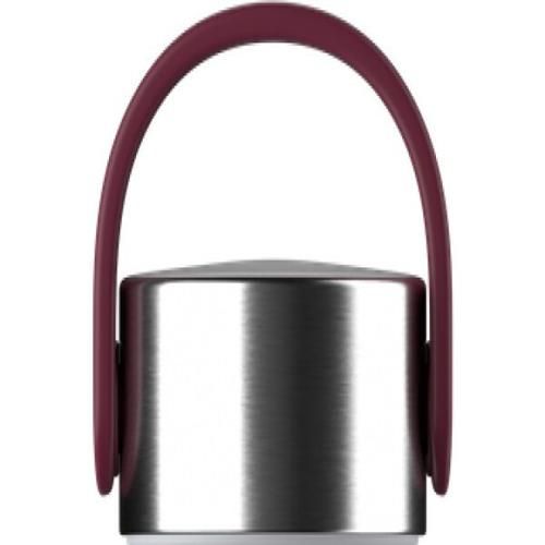 Borraccia Plum. Vista dettagliata del tappo e del manico. Tappo argentato, manico bordeaux.