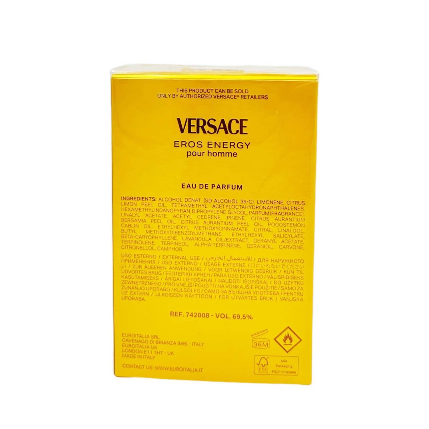 Retro della confezione di Versace Eros Energy. Sfondo giallo, testo con ingredienti e informazioni.