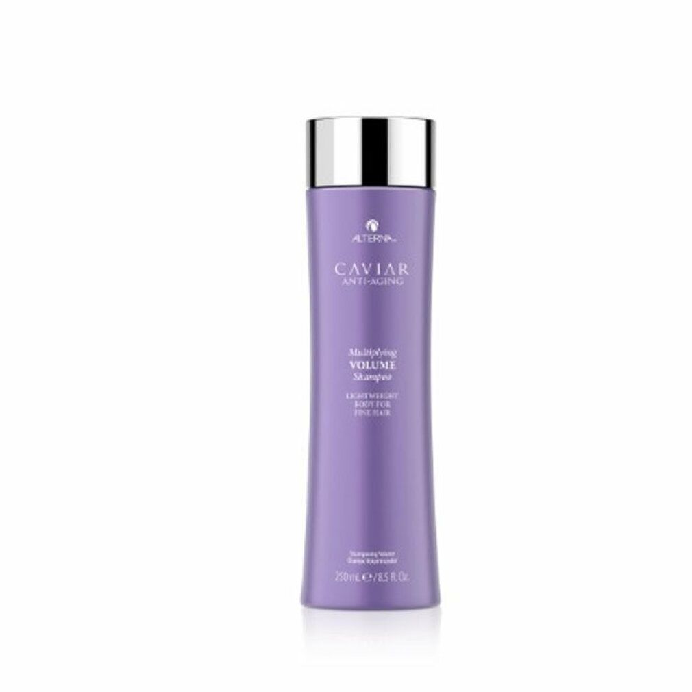 Flacone di shampoo viola con tappo argentato. Scritta: Alterna Caviar Anti-Aging Multiplying Volume Shampoo.