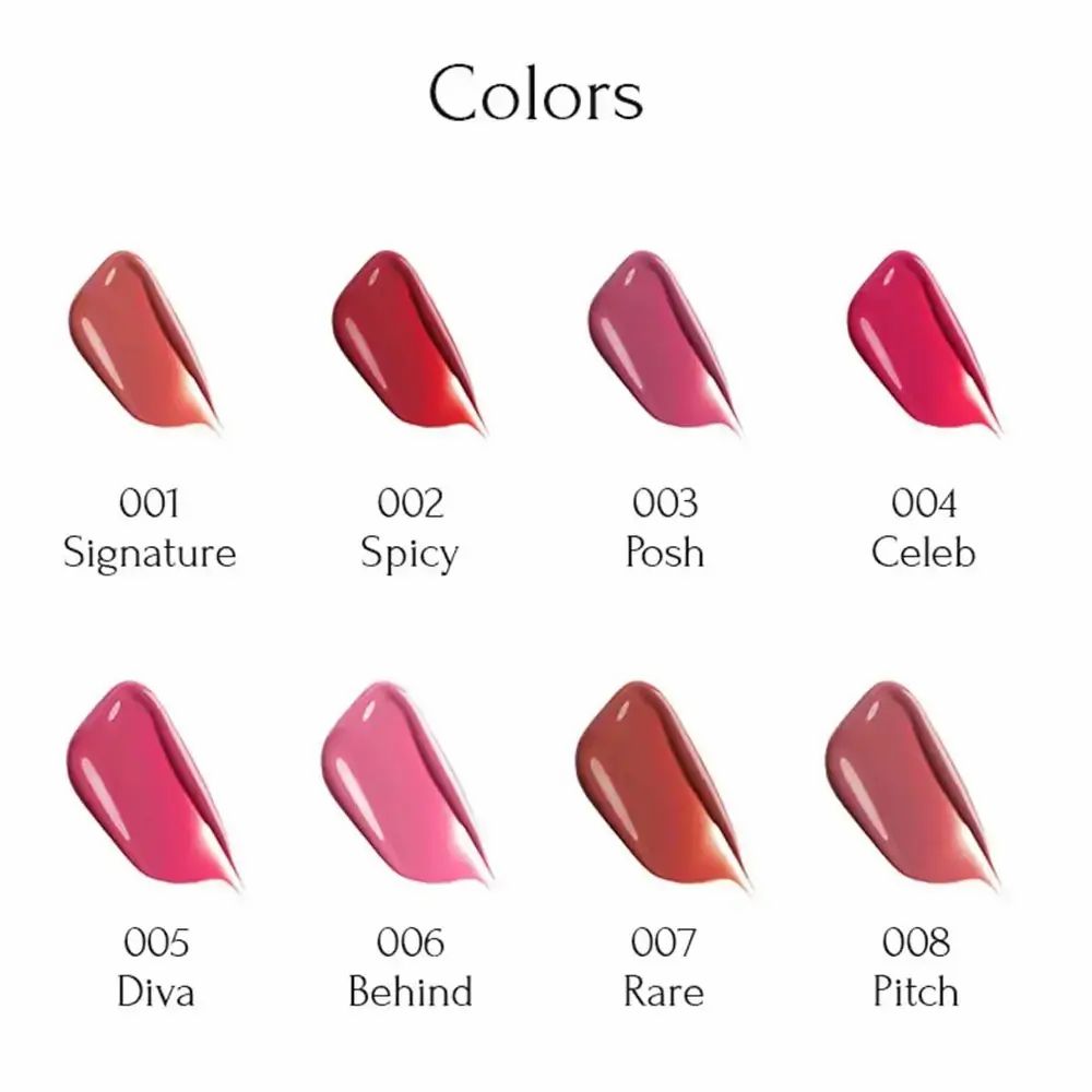 Selezione di otto tonalità di rossetto. Ogni tonalità è rappresentata da una macchia di colore. Nomi sotto.