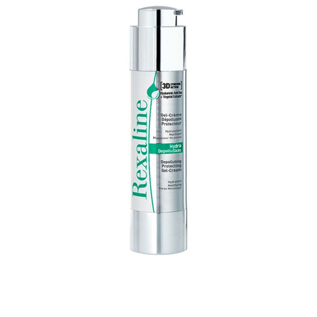 Flacone di crema argentato con scritta verde. Scritta: Rexaline, Gel-Crème Dépolluante Protectrice, Hydra Dépolluante, Anti-Âge.