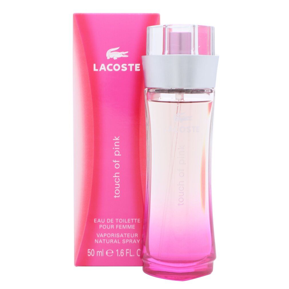 Flacone e confezione Lacoste Touch of Pink Eau de Toilette. Gradiente rosa su bottiglia e scatola.