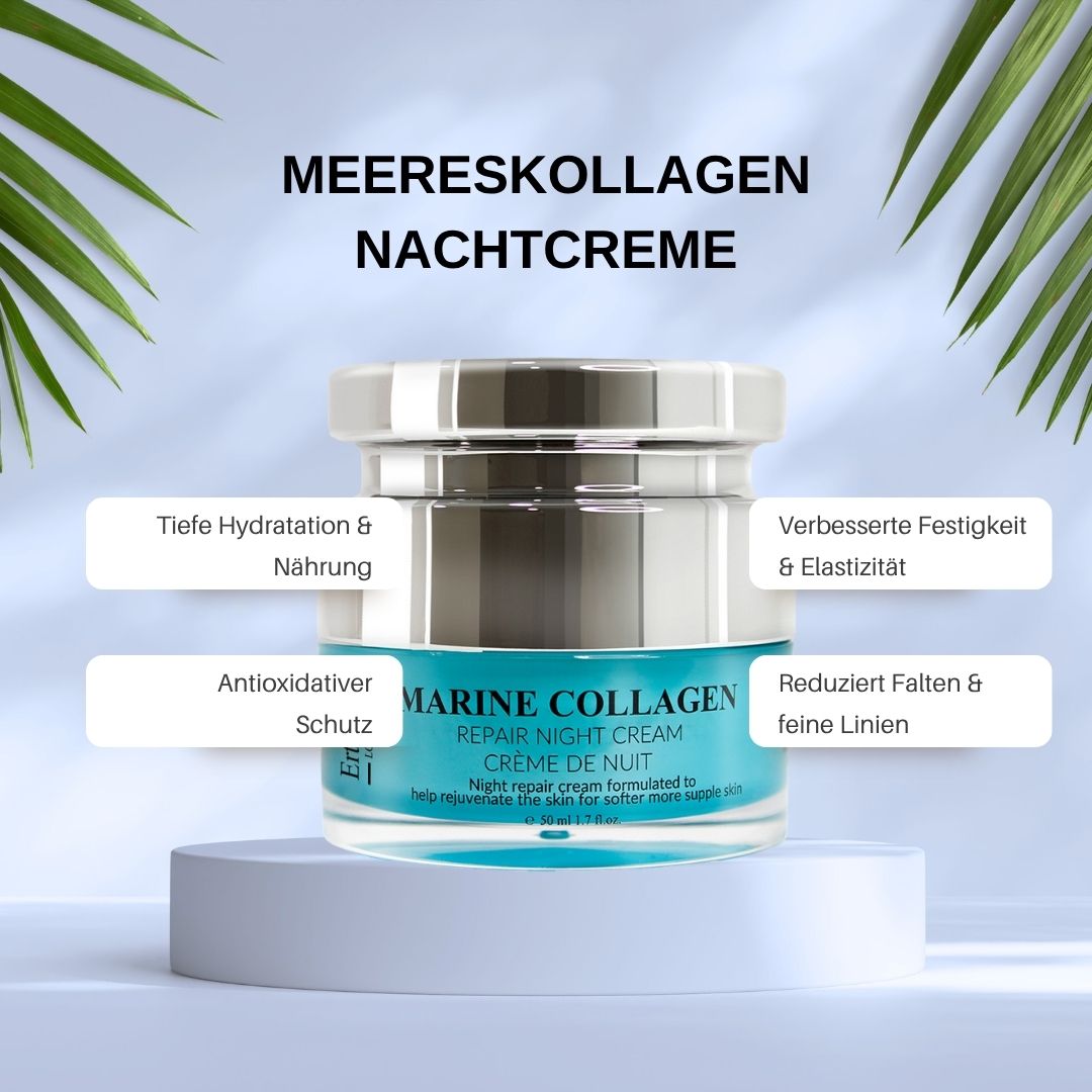 Vasetto di crema su piedistallo. Marine Collagen Repair Night Cream. Scritta turchese. ErthSkin London. Testo: Crema notte al collagene marino.