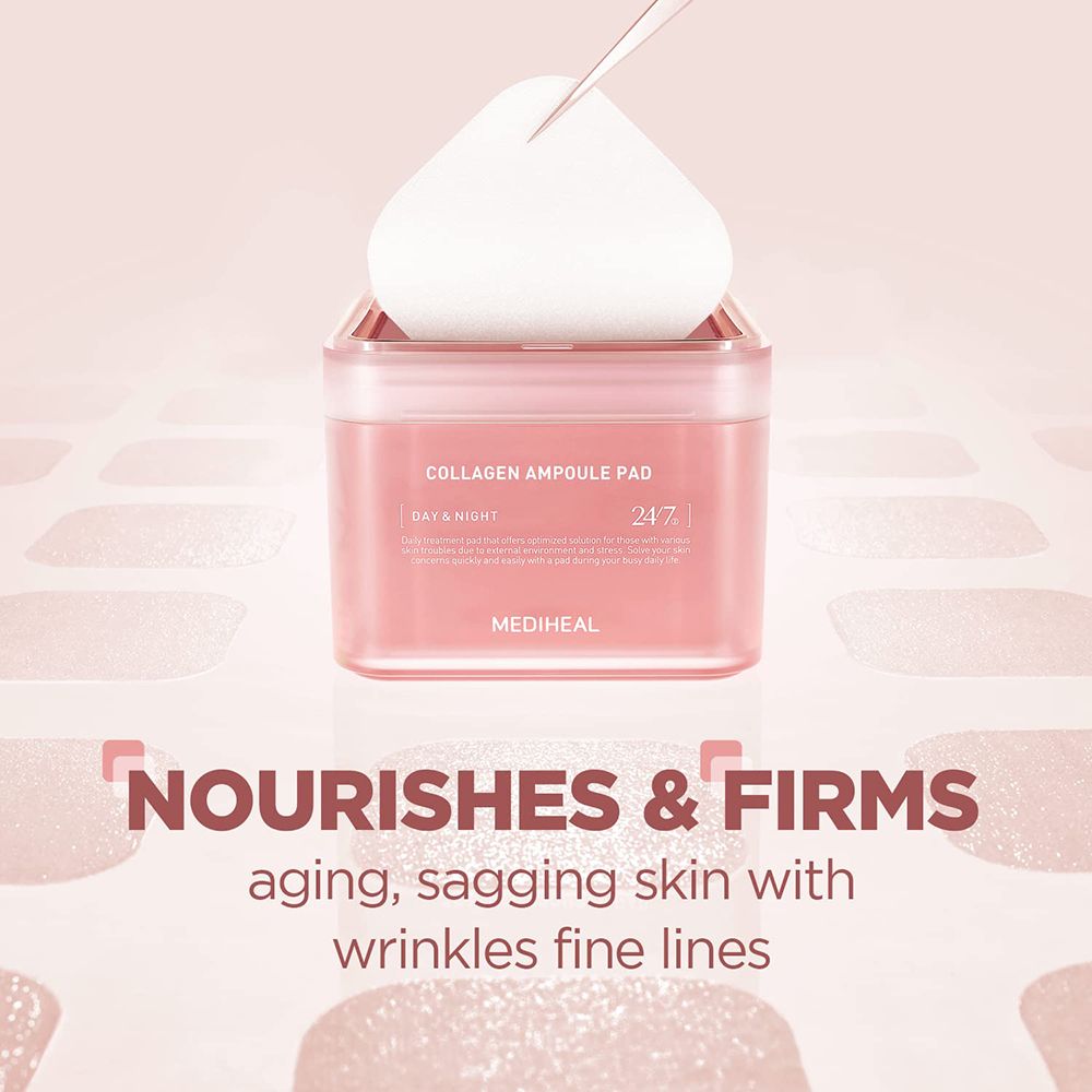 Confezione rosa con tampone estratto. Testo: Nourishes & Firms, Collagen Ampoule Pad, MEDIHEAL.