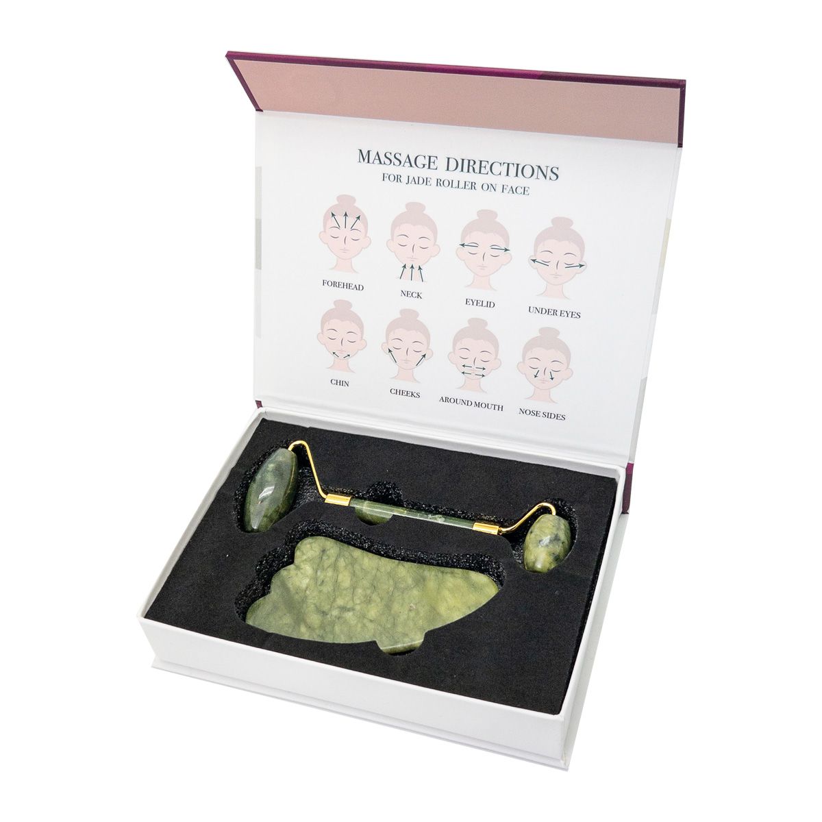 Set UNIQ Jade Roller + Guasha Stone Verde Minerale aperto. Include istruzioni per il massaggio facciale.