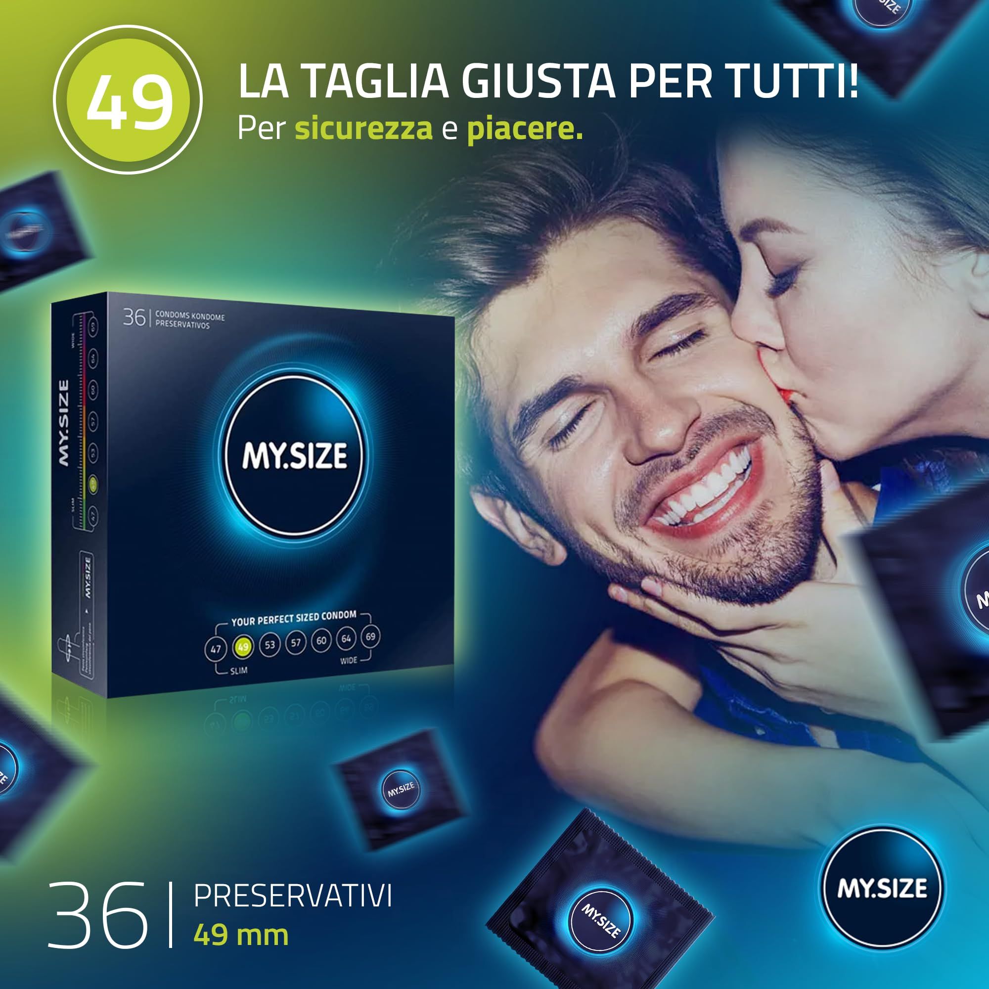 Confezione da 36 preservativi MY.SIZE, misura 49 mm. Con panoramica delle taglie.