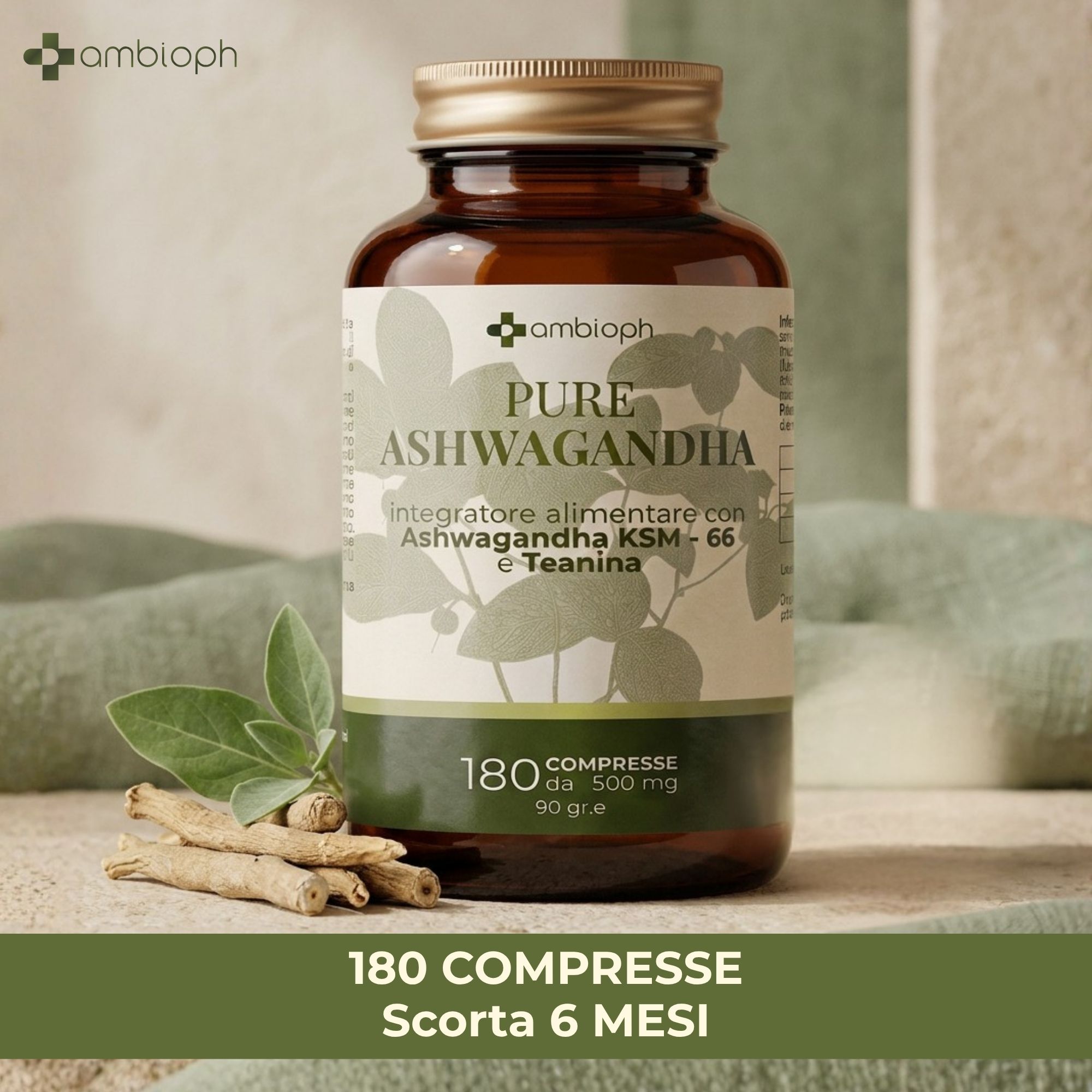 Flacone in vetro marrone di capsule di Ashwagandha, con radici di Ashwagandha essiccate accanto.