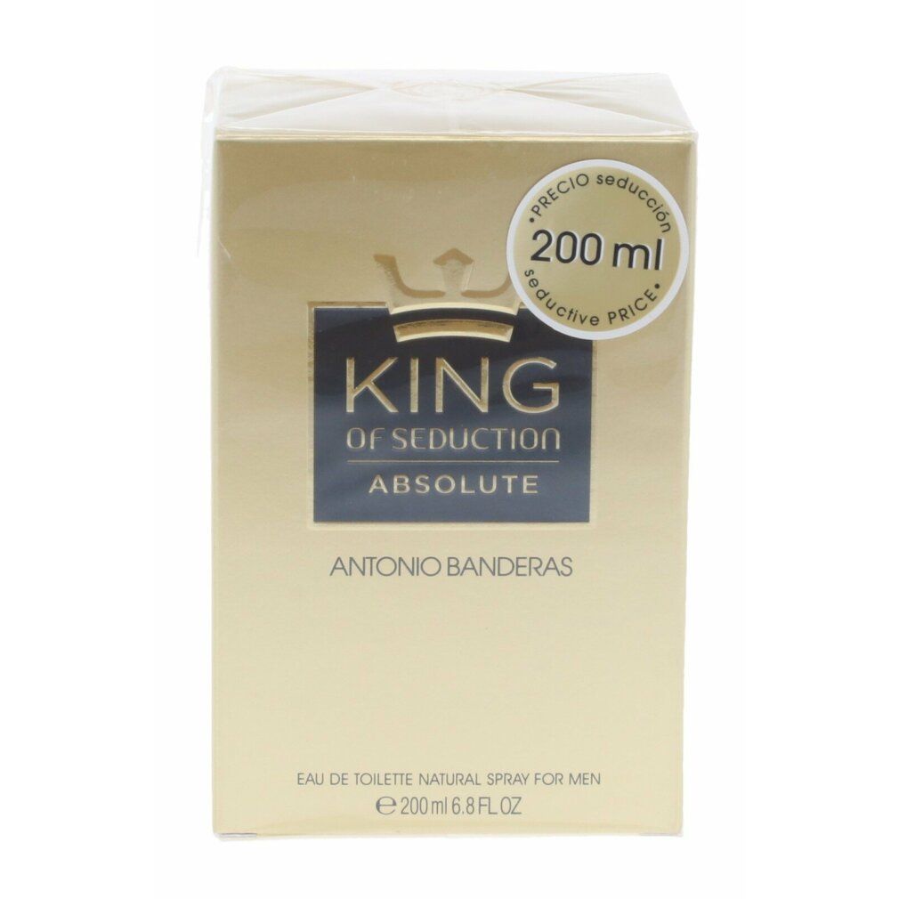 Scatola dorata con nome e logo del prodotto. Adesivo "200 ml". Testo: Antonio Banderas King of Seduction Absolute.