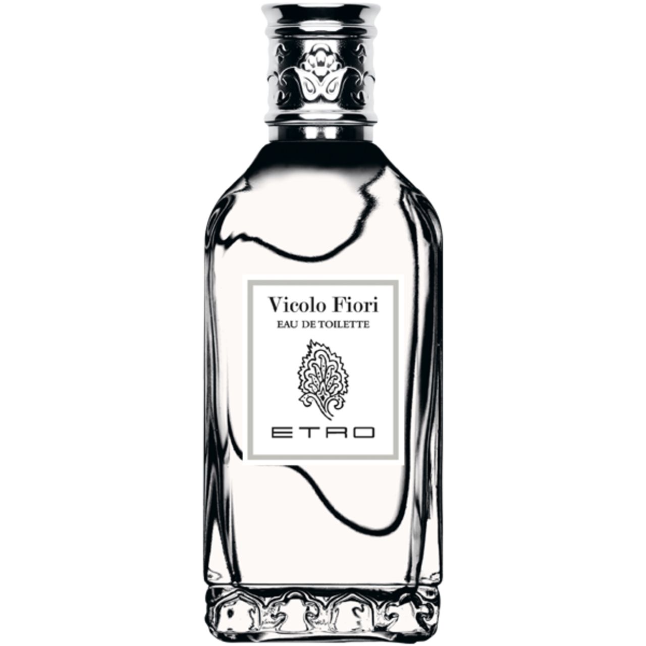 Flacone di profumo con tappo argentato. L'etichetta riporta "Vicolo Fiori Eau de Toilette" e "ETRO".