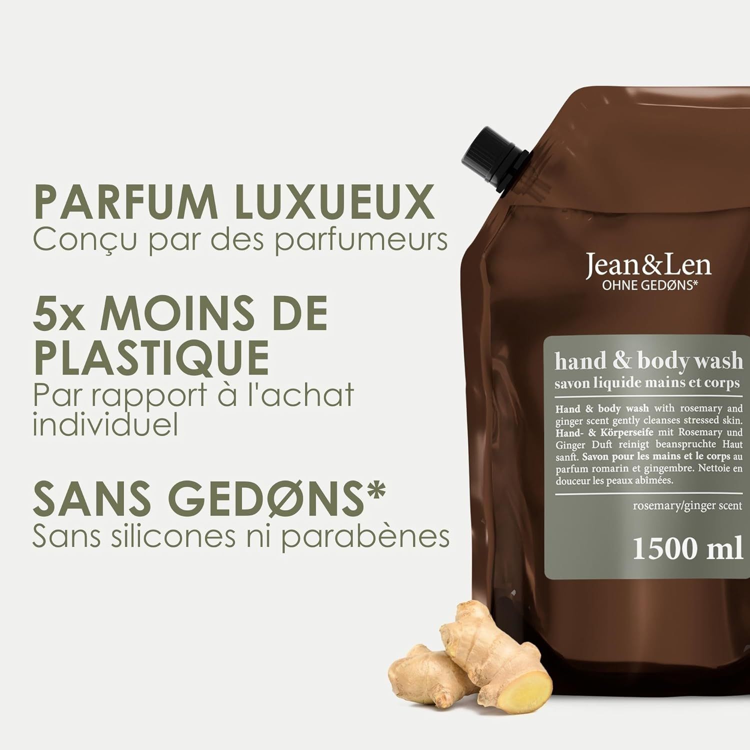 Ricarica marrone con tappo nero. Scritta: Jean & Len, Hand & Body Wash, rosmarino e zenzero. 1500 ml.
