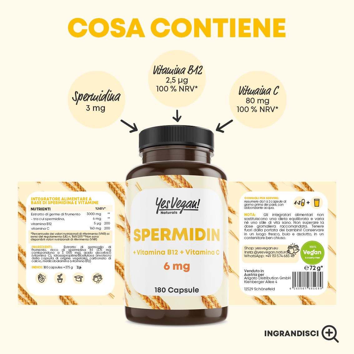 Grafica comparativa delle capsule di spermidina con prodotti alternativi. Mostra benefici e caratteristiche.