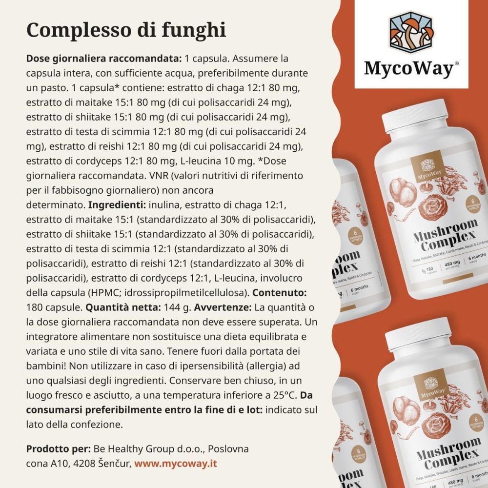 Uomo che tiene un flacone. Scritta: Mushroom Complex. Sfondo marrone.