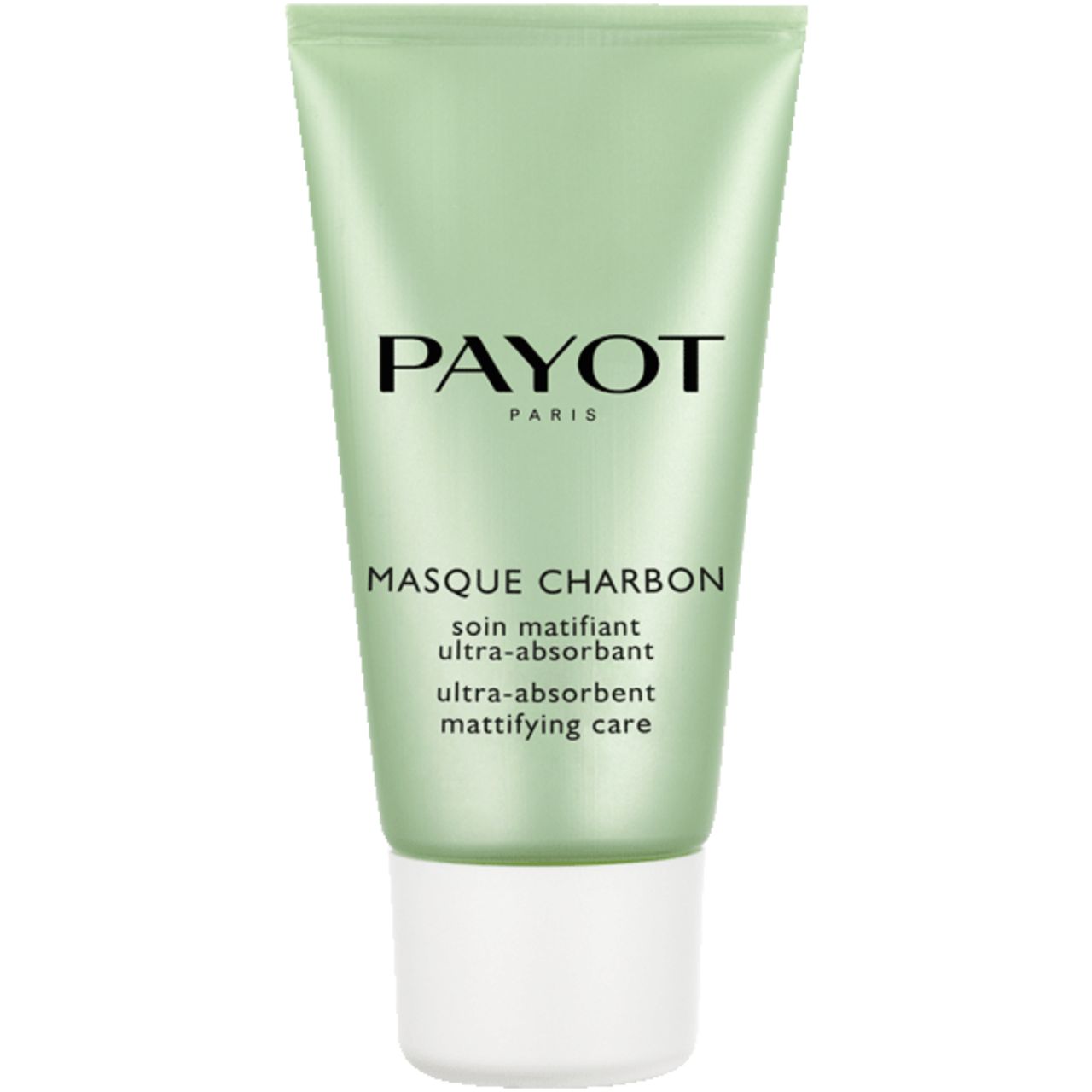 Tubo verde con tappo bianco. Scritta PAYOT PARIS e MASQUE CHARBON. Ultra-assorbente, trattamento opacizzante.