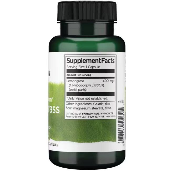 Retro della bottiglia verde. Etichetta con informazioni nutrizionali: Lemongrass 400 mg. Ingredienti: gelatina, farina di riso, magnesio stearato, silice.