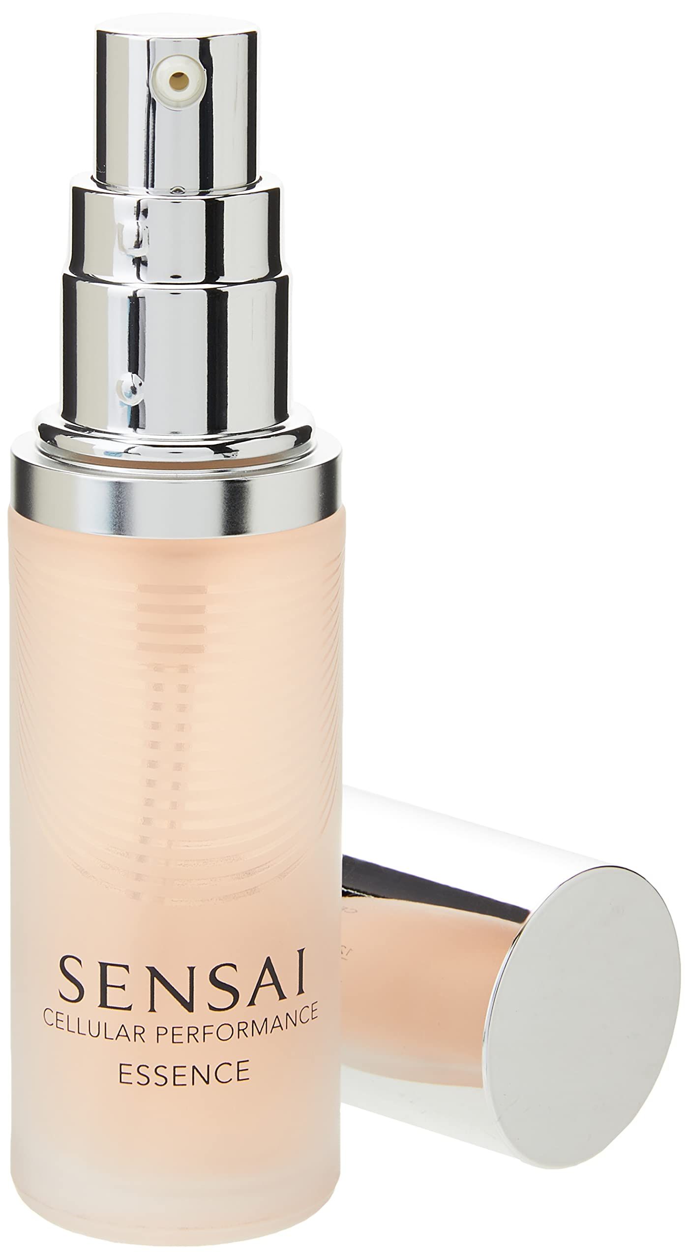 Flacone con tappo argentato, accanto il tappo rimosso. Scritta: SENSAI CELLULAR PERFORMANCE ESSENCE. Motivo inciso sul collo.