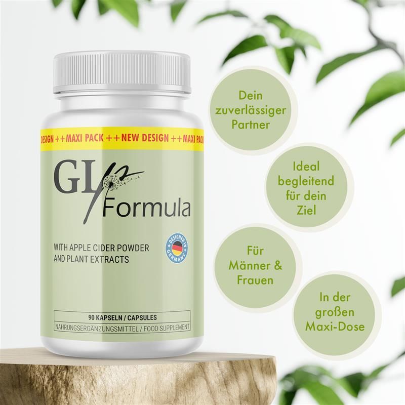 Flacone di GLp Formula su base di legno, circondato da foglie. Testo: Il tuo partner affidabile, Ideale per il tuo obiettivo, Per uomini e donne, In maxi-dose.