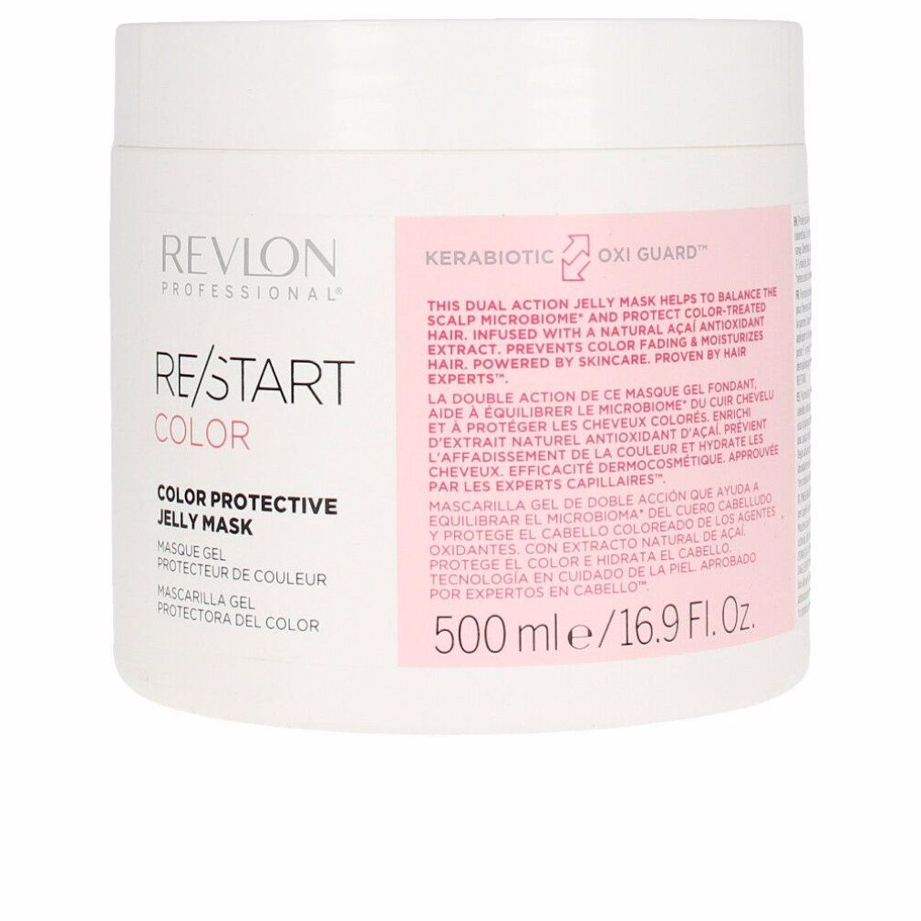 Vaso bianco con etichetta prodotto. Scritta: Revlon Re-Start Color Jelly Mask. 500 ml/16.9 Fl.Oz.