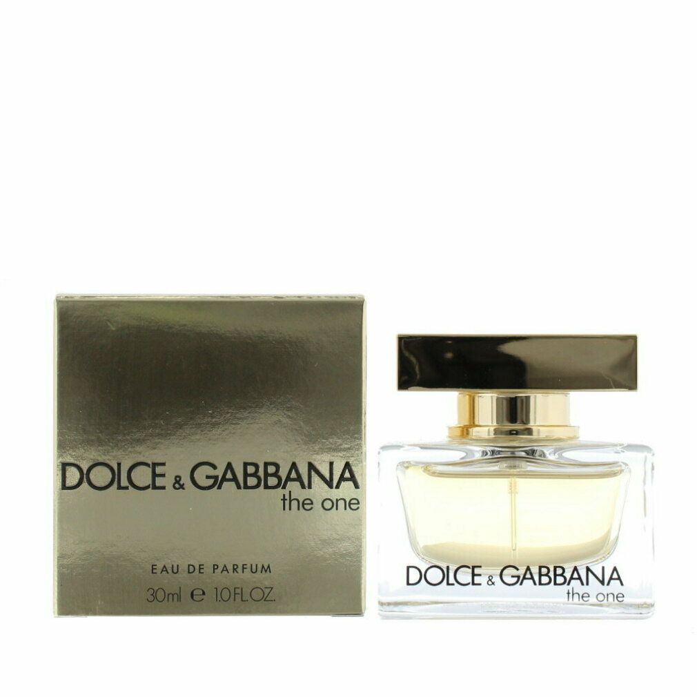 Flacone di profumo e scatola. Flacone con tappo dorato. Scritta: DOLCE & GABBANA the one.