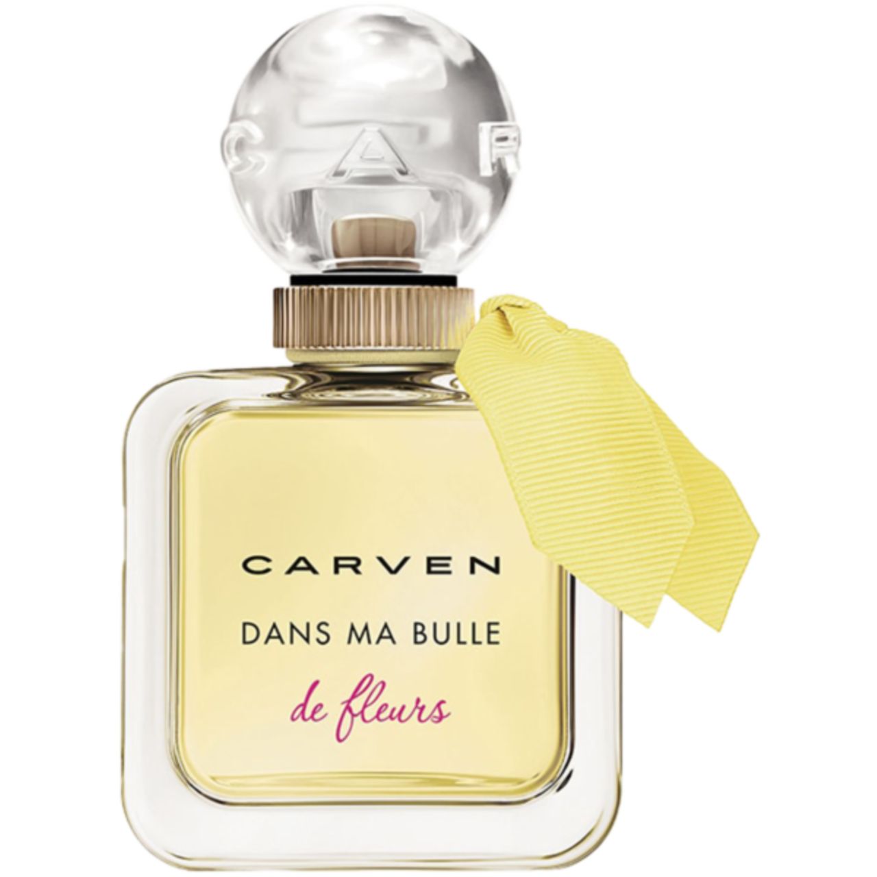 Flacone quadrato con liquido giallo. Scritta: Carven, Dans Ma Bulle de Fleurs. Nastro giallo. Tappo trasparente.
