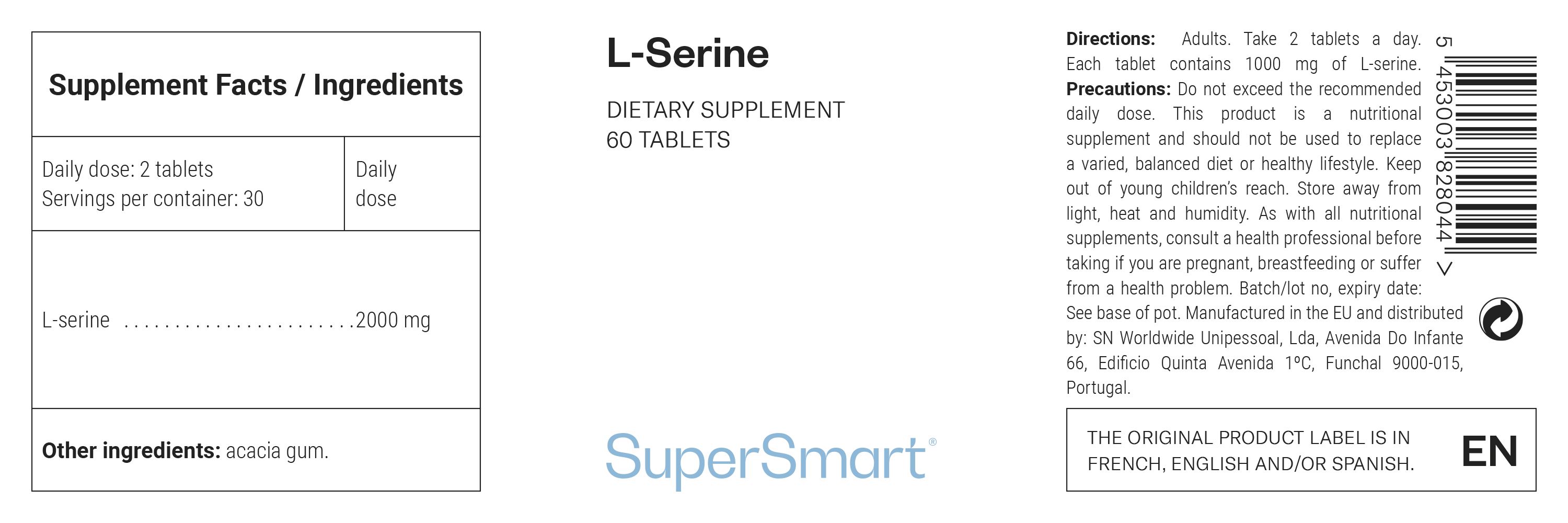 Integratore L-Serina, 60 compresse. Contiene 2000 mg di L-Serina per dose.