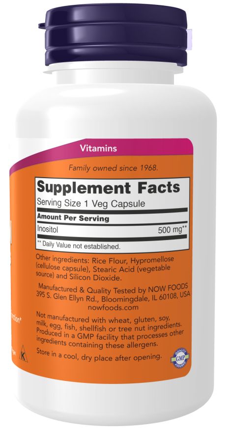 Retro del flacone. Etichetta con informazioni nutrizionali: Inositolo 500 mg. Ingredienti: Farina di riso, Ipromellosa, Acido stearico, Biossido di silicio. NOW FOODS.