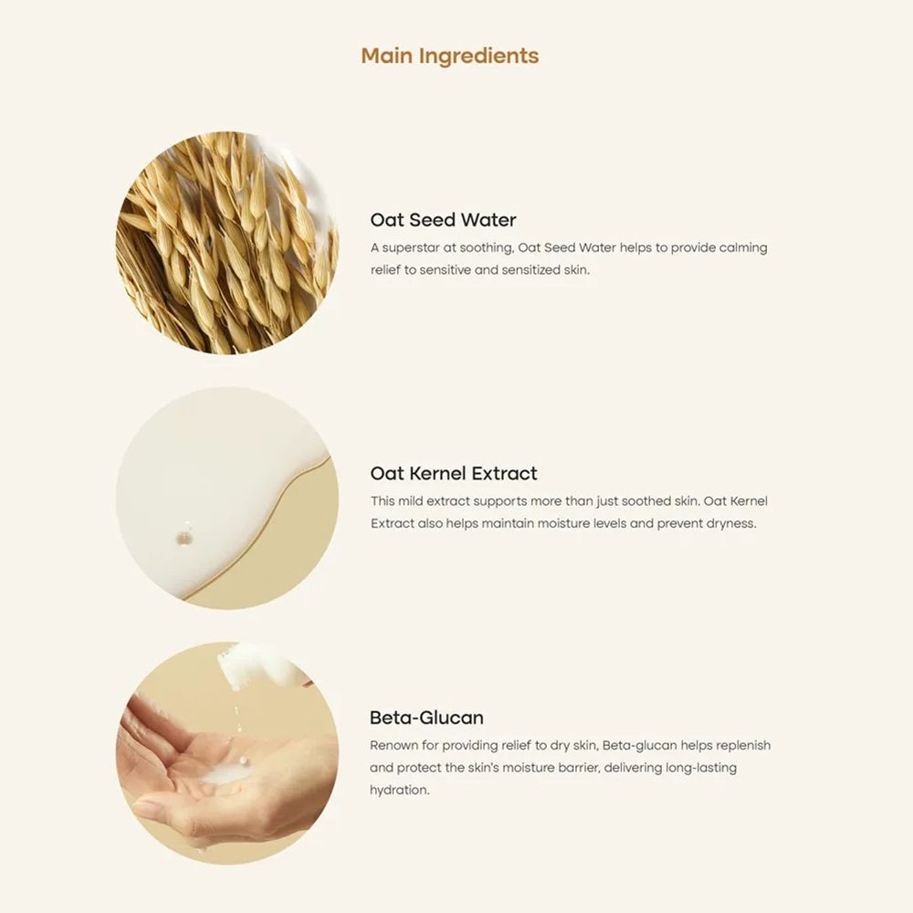 Tre cerchi con testo e immagini. Ingredienti principali: Oat Seed Water, Oat Kernel Extract, Beta-Glucan. Sfondo beige.