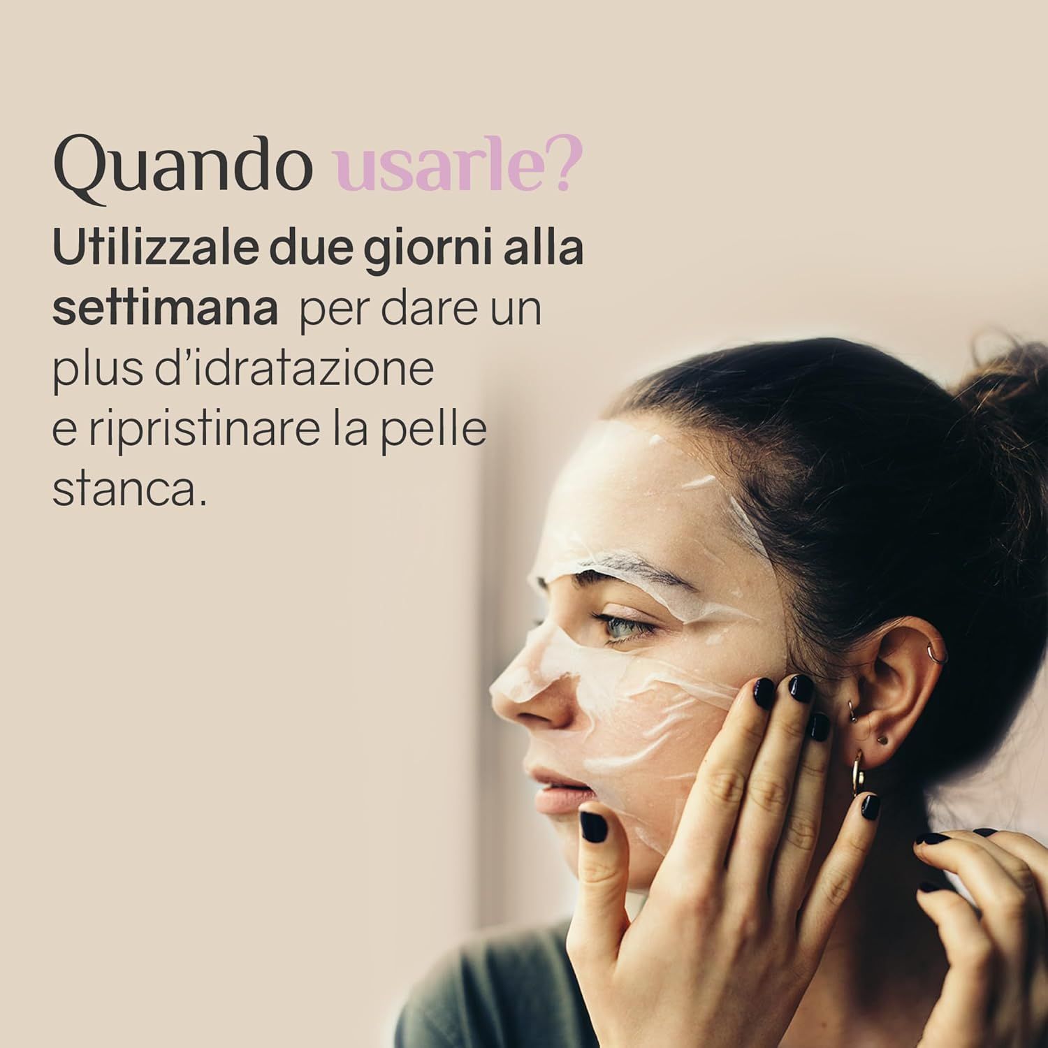 Donna con maschera viso. Testo: Utilizzare 2 volte a settimana per idratare e rivitalizzare la pelle stanca.