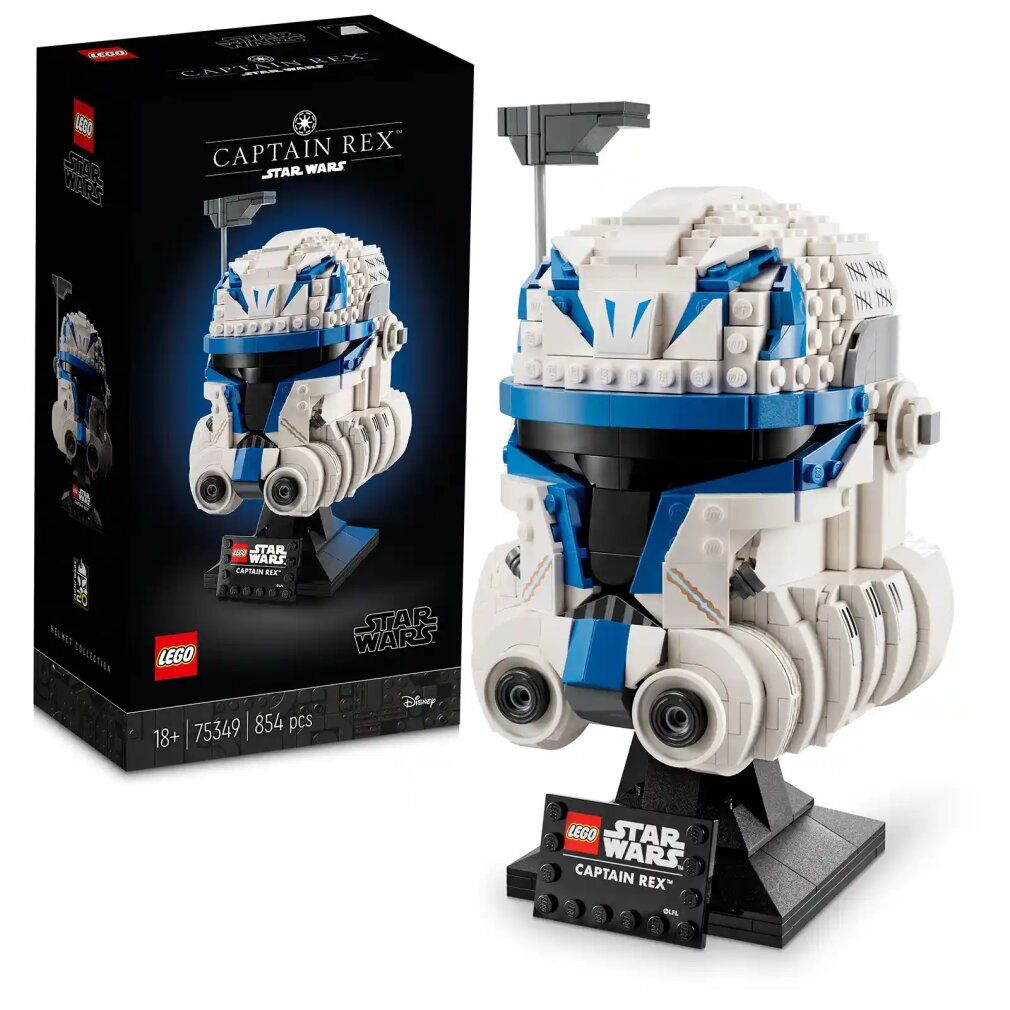 LEGO Star Wars Casco Captain Rex. Modello bianco-blu su supporto. Confezione accanto. Logo e testo.
