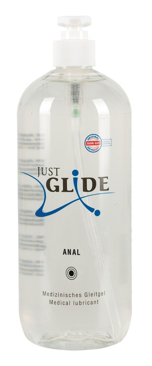 Flacone trasparente con dosatore. Scritta: JUST GLIDE ANAL. Con sigillo dermatologico.