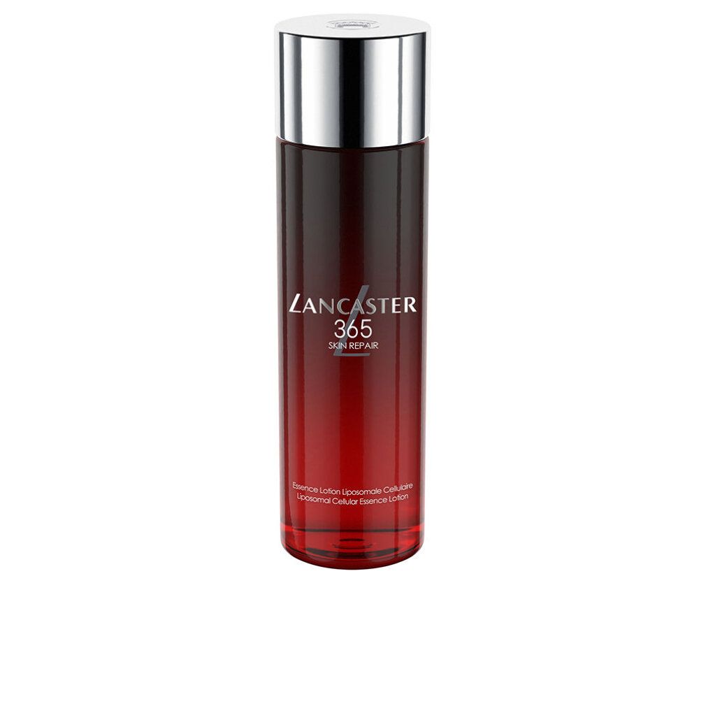 Flacone cilindrico sfumato rosso e argento. Testo: Lancaster 365 Skin Repair. Lozione Essenziale Cellulare.