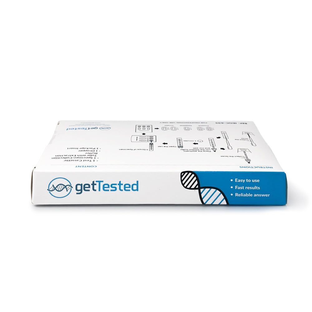 Confezione GetTested Parasite Test. Bianco e blu. Testo: GetTested, Easy to use, Fast results, Reliable answer. Illustrazioni.
