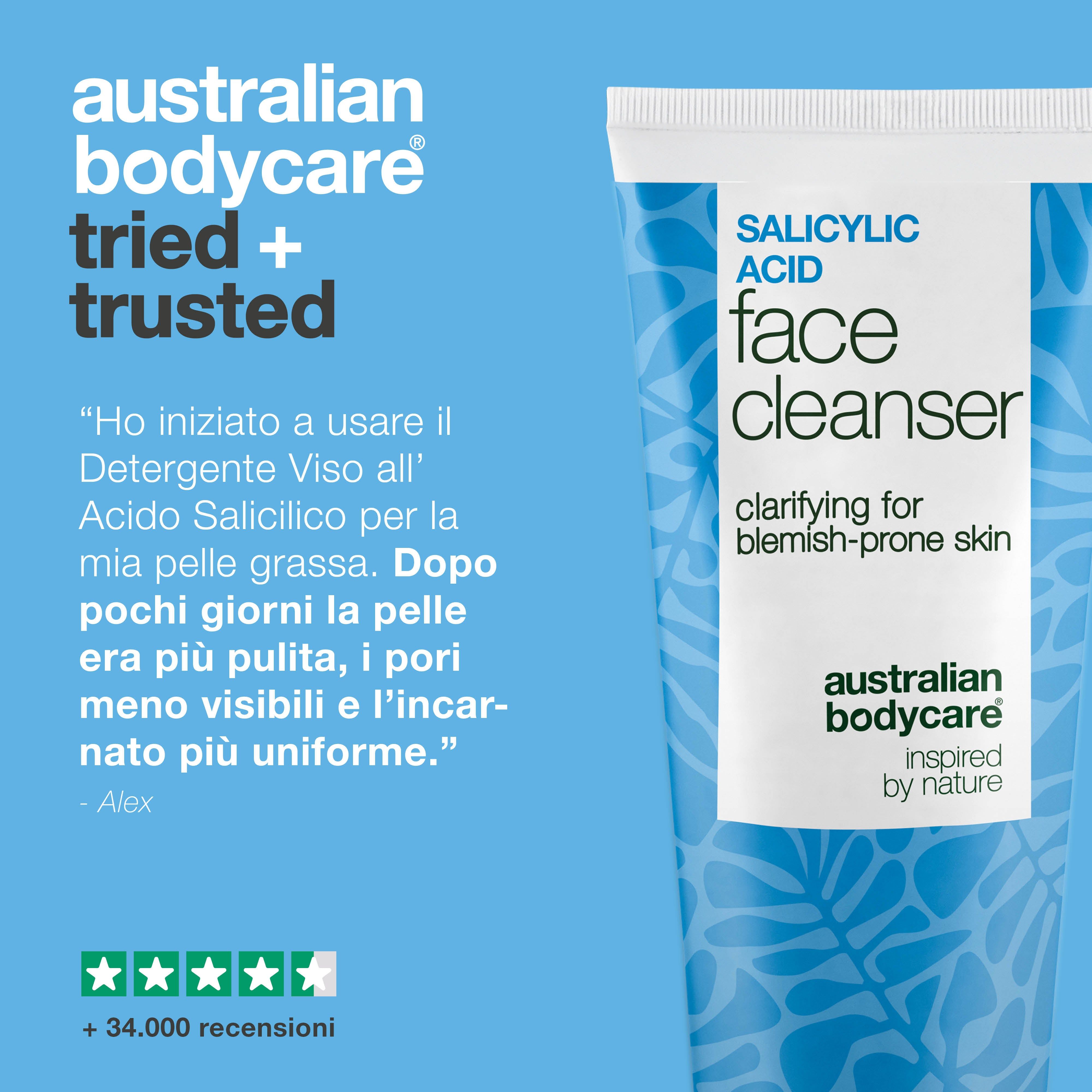 Tubo "Salicylic Acid Face Cleanser" con testo. Testo: Testimonianza. Marca: Australian Bodycare.