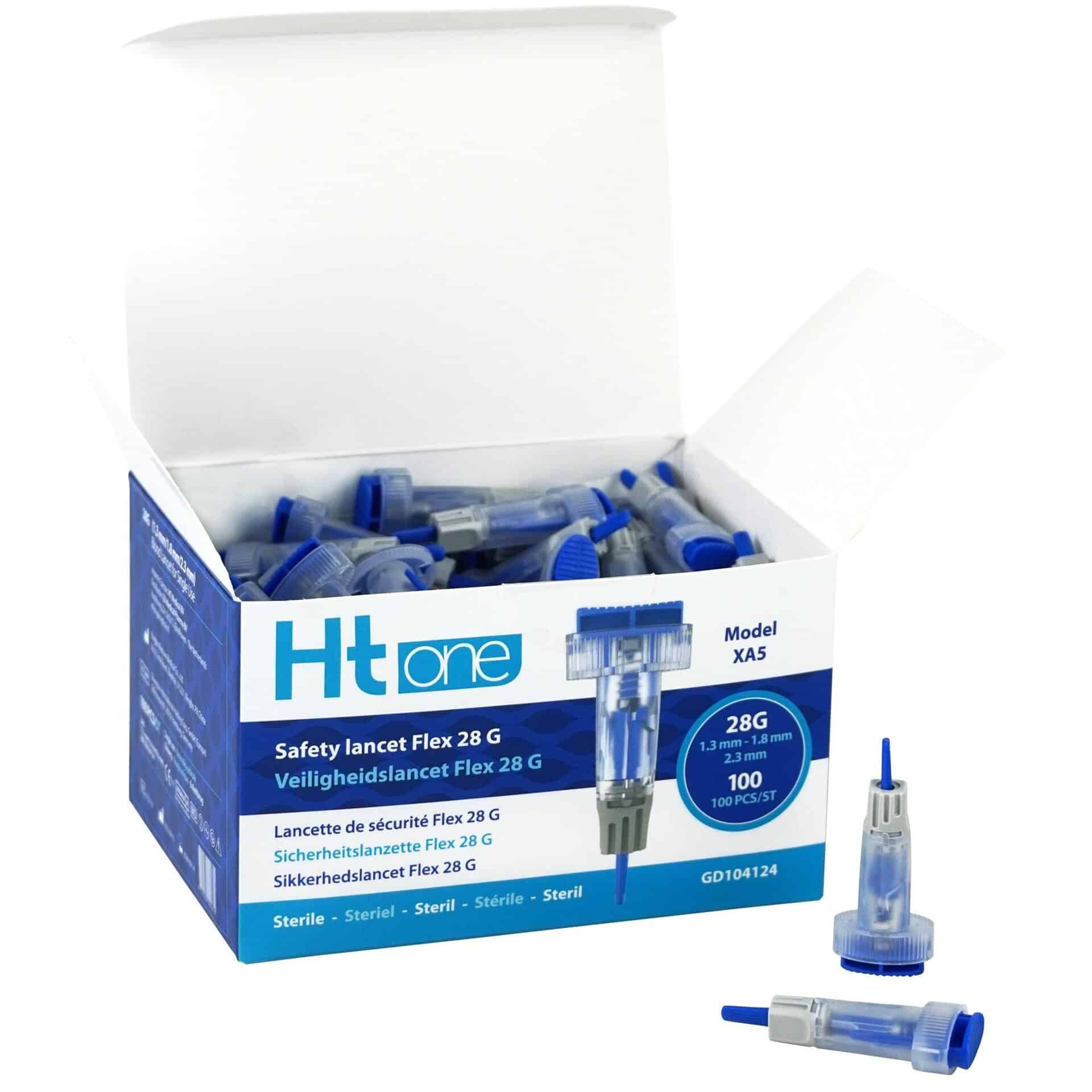 HT One Safety Lancet Flex 28G: Confezione aperta con molte lancette di sicurezza sterili, 28G, 1.3-1.8mm.