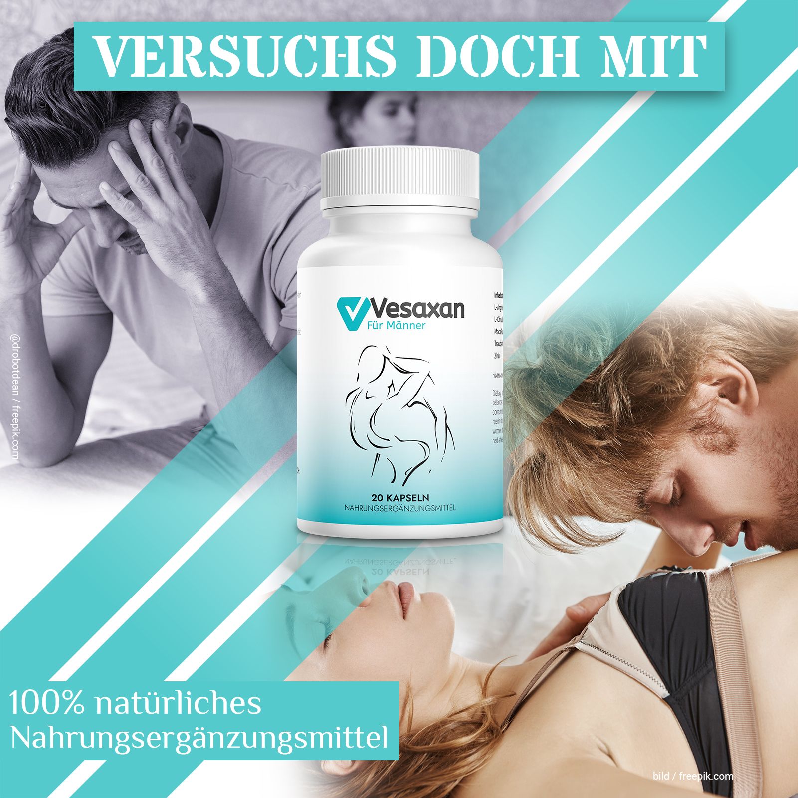 Flacone di Vesaxan per uomini con 20 capsule. Sfondo: coppie in situazioni intime. Testo: Integratore alimentare naturale al 100%.