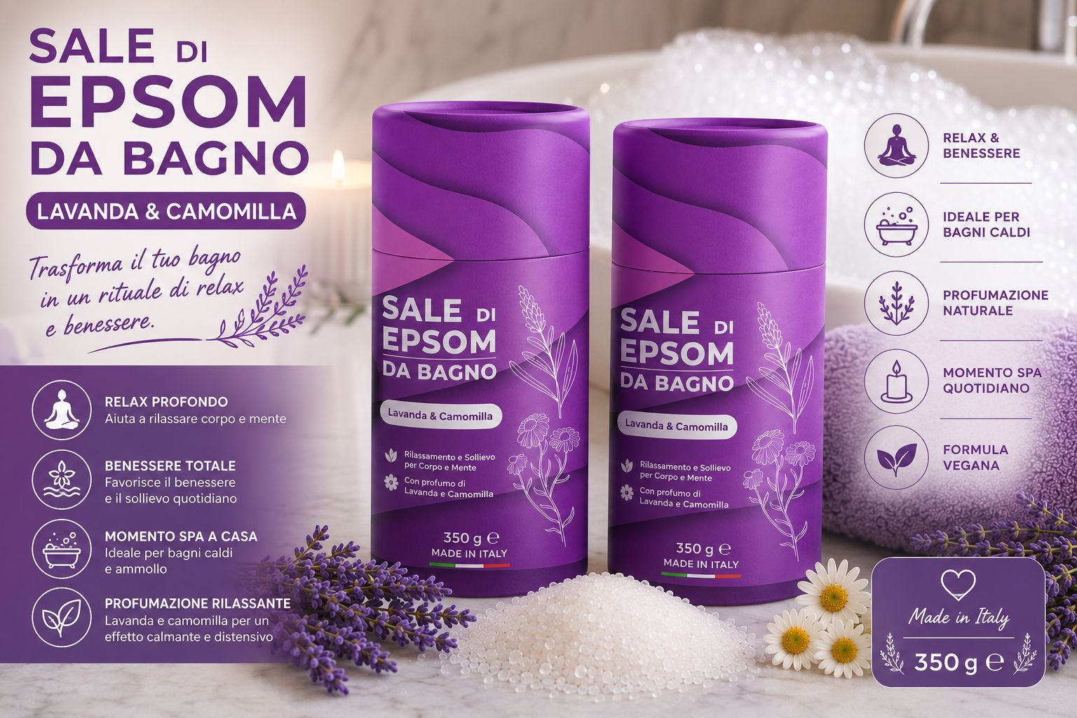 Due tubi viola di sale da bagno Lavanda & Camomilla. 350g. Prodotto in Italia.