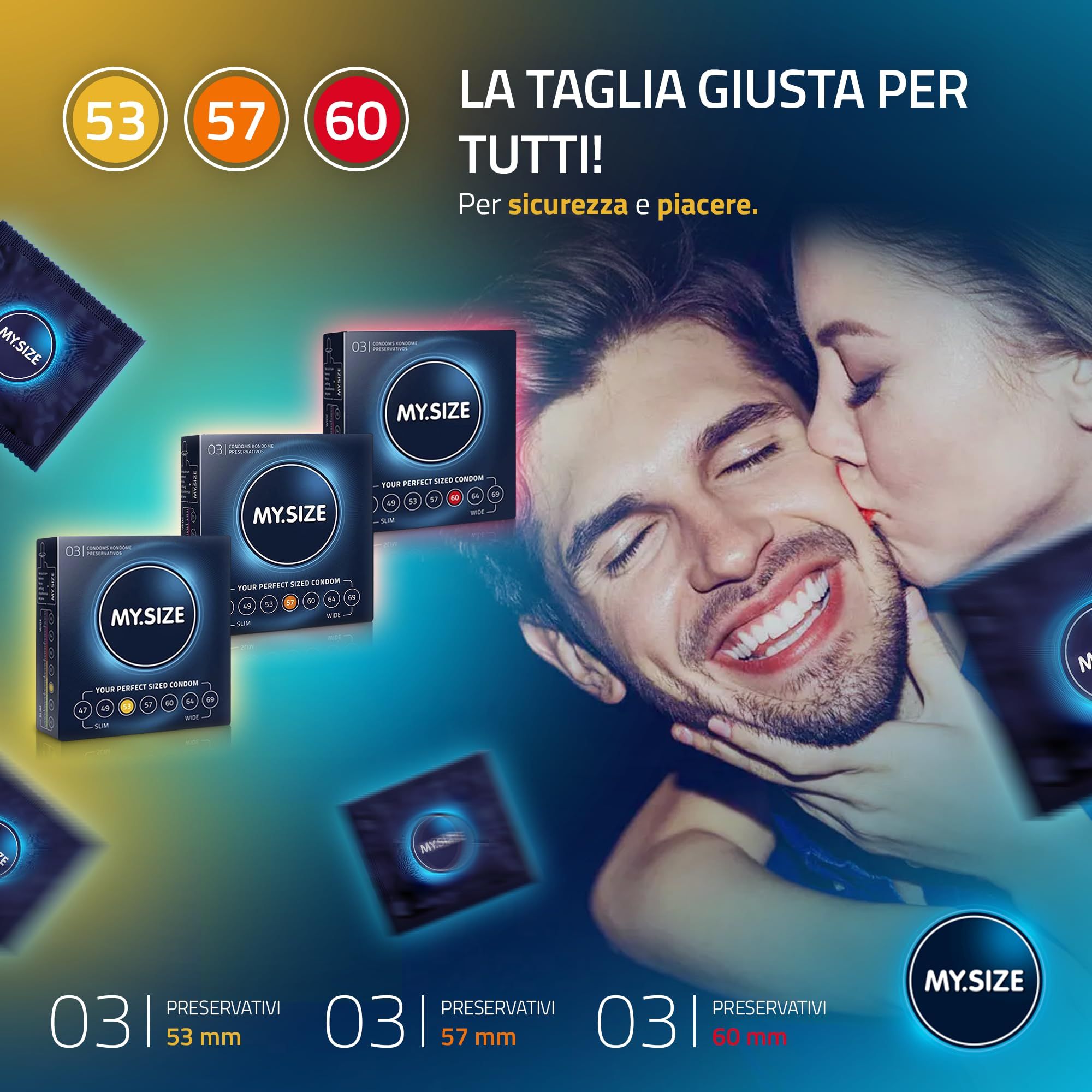Coppia che si bacia, confezioni di preservativi MY.SIZE misure 53, 57, 60 mm sullo sfondo.
