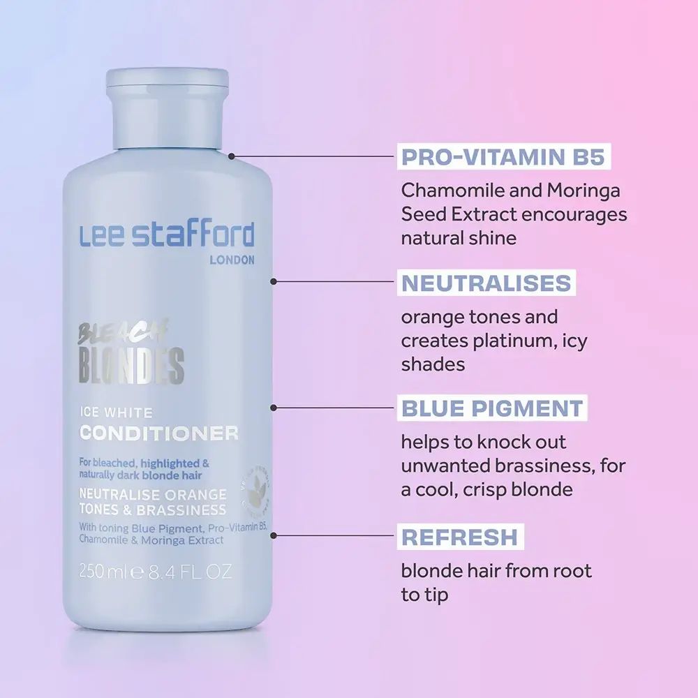 Flacone azzurro chiaro con etichetta. Testo: LEE STAFFORD, Bleach Blondes Ice White Conditioner. Con annotazioni testuali.