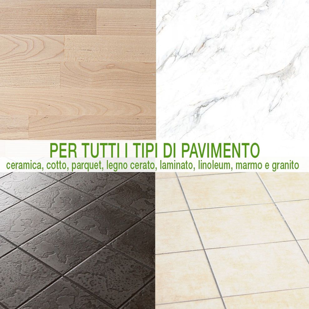 Quattro campioni di pavimenti: legno, marmo, piastrelle scure, piastrelle chiare.