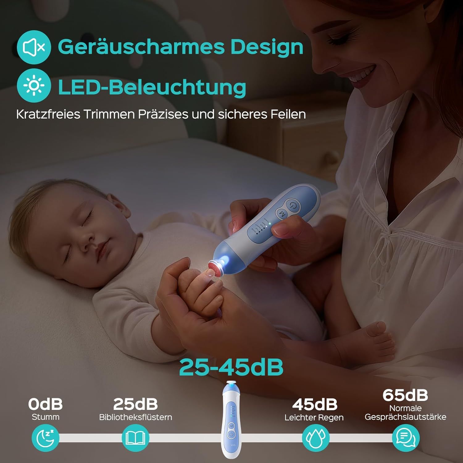 Lima per unghie elettrica, blu e bianca. Illuminazione a LED. Bambino che dorme. Design silenzioso. Scala dei decibel: 0-65 dB.