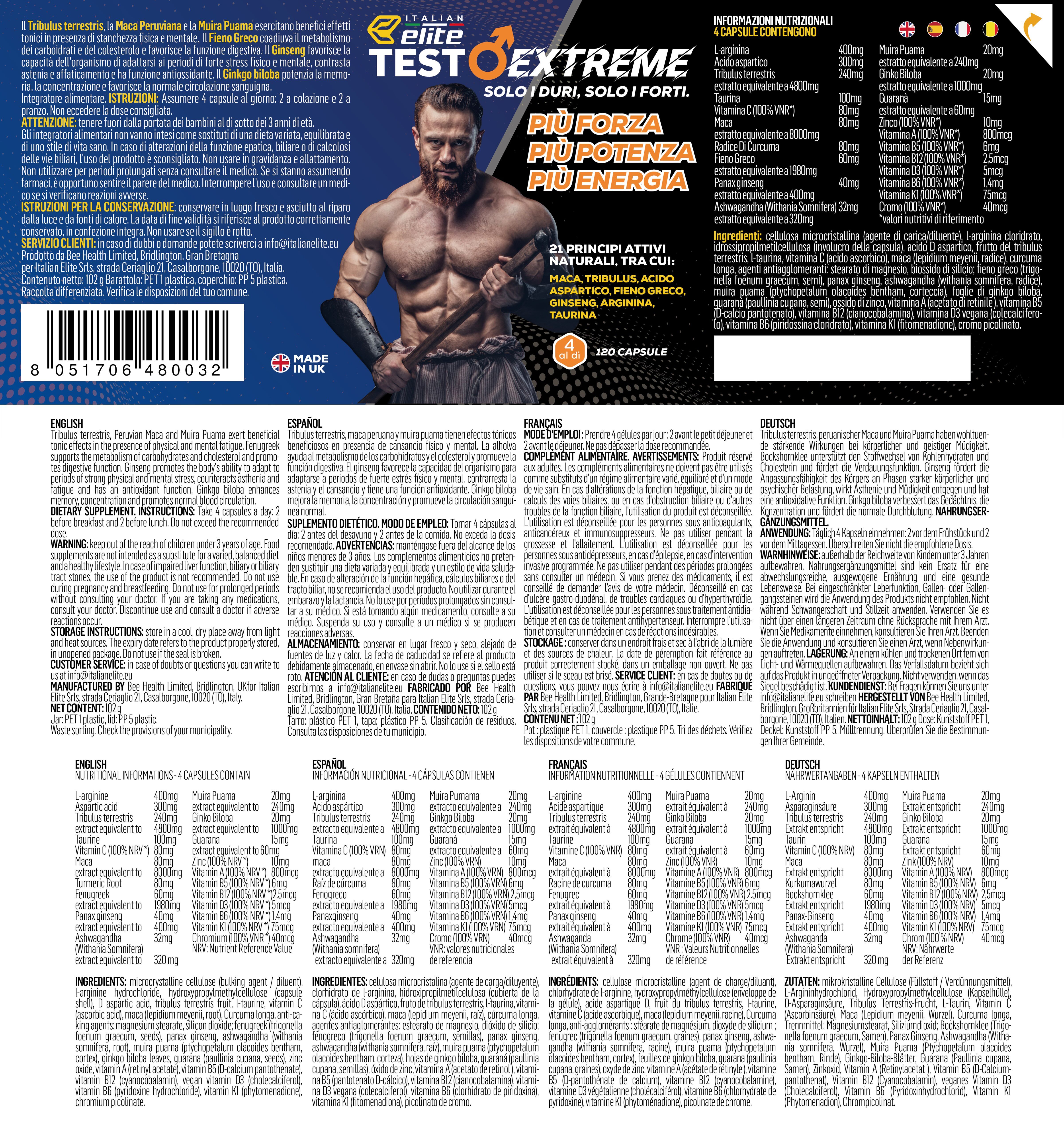 Confezione del prodotto con testo e ingredienti. Contiene: Italian Elite Testo Extreme, 120 capsule. Diverse lingue.