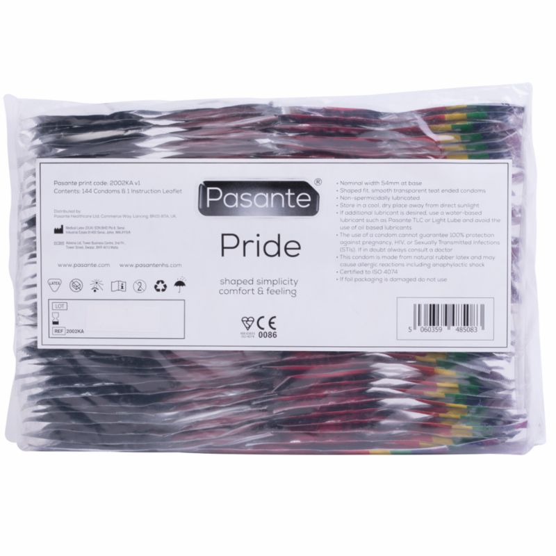 Preservativi Pasante Pride: confezione da 144 preservativi confezionati singolarmente, informazioni sul prodotto visibili.