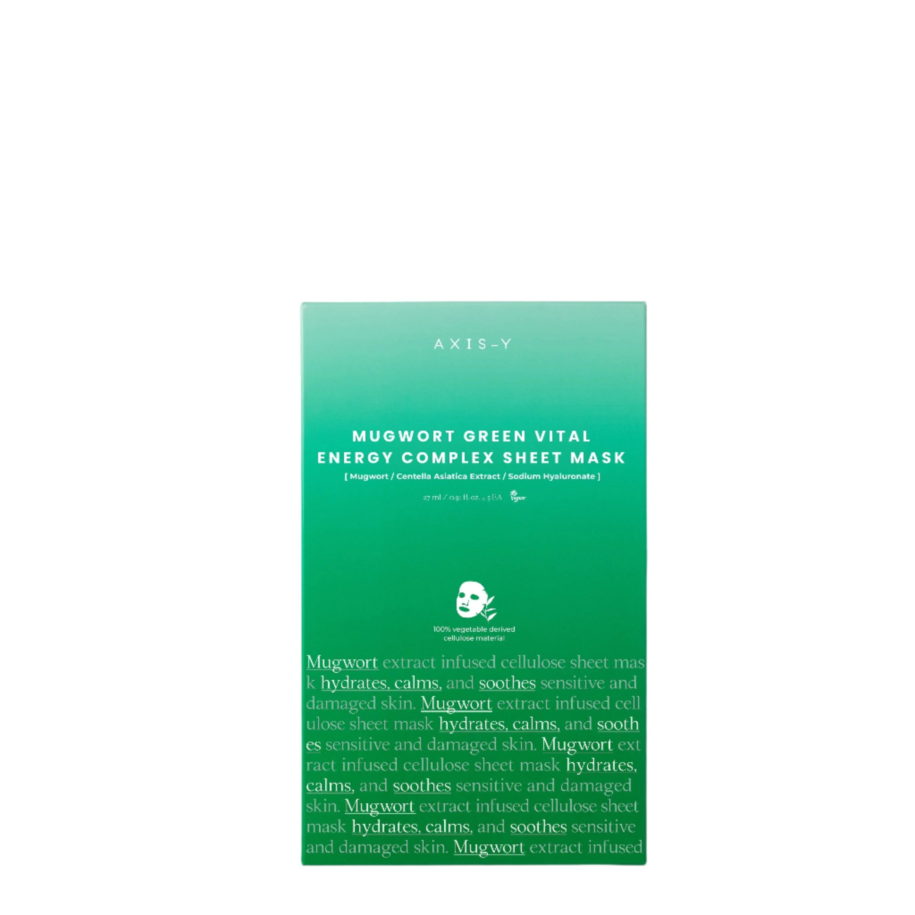 Confezione verde con testo. AXIS-Y in alto. Sotto: MUGWORT GREEN VITAL ENERGY COMPLEX SHEET MASK. Testo verde e bianco.