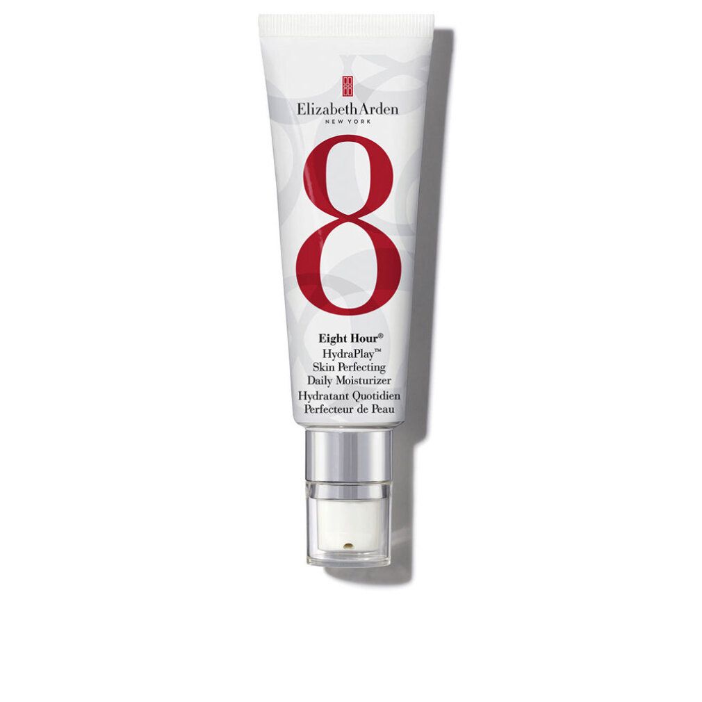 Tubo bianco con "8" rosso. Testo: Elizabeth Arden, Eight Hour Hydraplay Skin Perfecting Daily Moisturizer.
