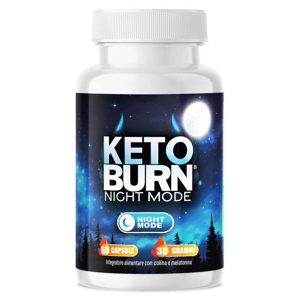 Flacone bianco con capsule. Scritta: Keto Burn Night Mode. 60 capsule, 30 grammi. Motivo notturno.