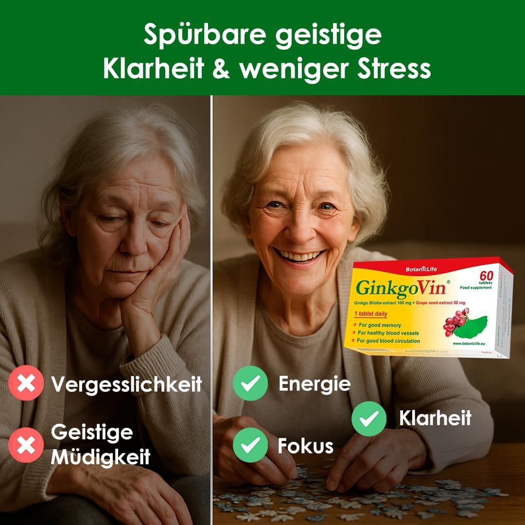 Due donne, una triste, una sorridente. Confezione di GinkgoVin. Testo: Energia, concentrazione, chiarezza. Logo: BotanicLife.