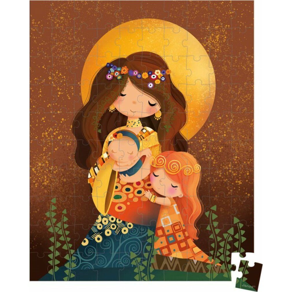 Puzzle con illustrazione di madre e bambino, ghirlanda floreale. 100 pezzi. Pezzo singolo in basso a destra.