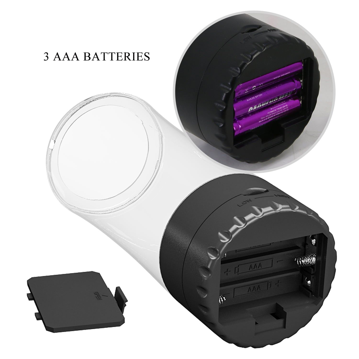Dispositivo cilindrico trasparente, base nera. Vano batterie con 3 batterie AAA. Testo: 3 AAA BATTERIES.