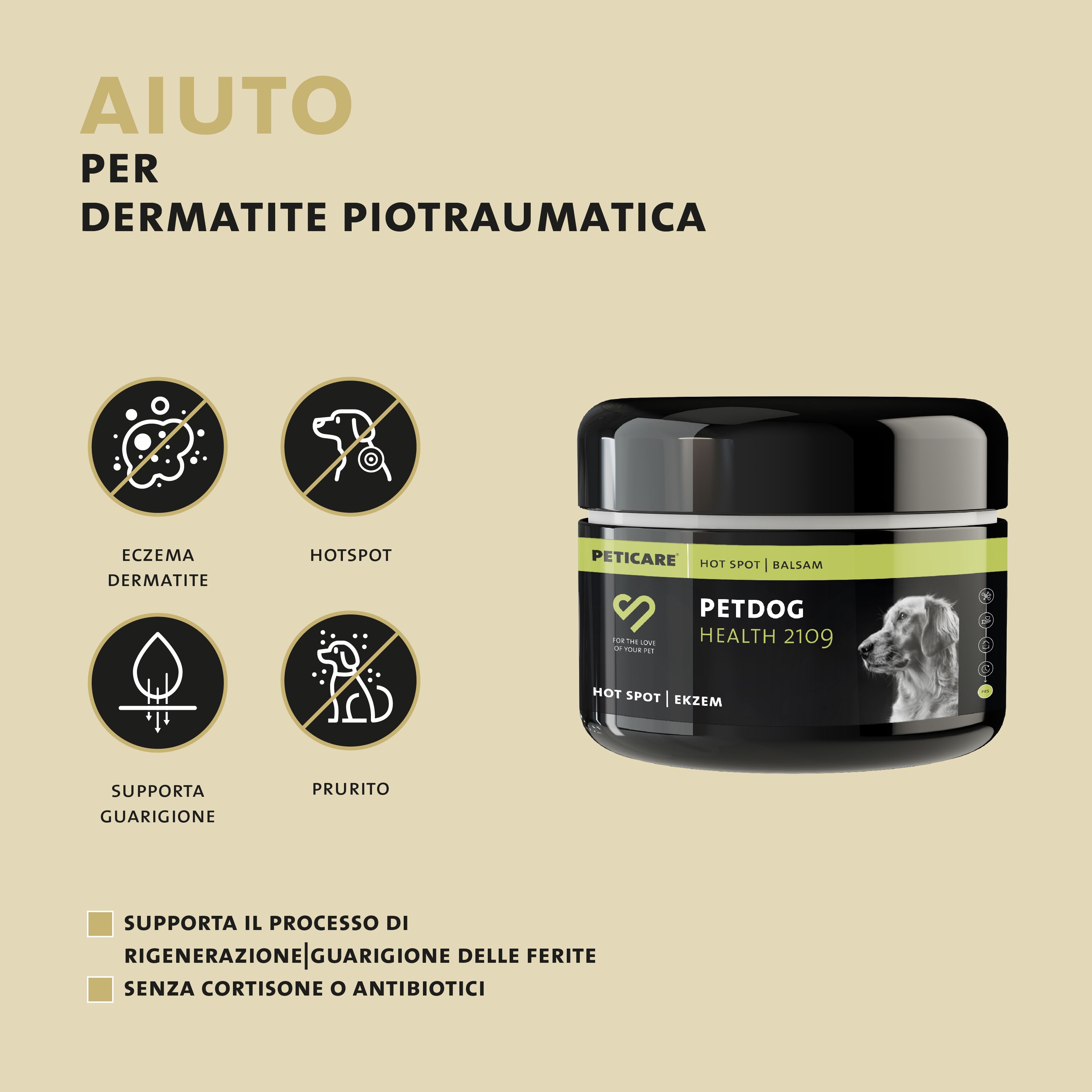 Prodotto PETDOG HEALTH 2109 accanto a icone. Testo: Aiuto per dermatite piotraumática. Senza cortisone o antibiotici.