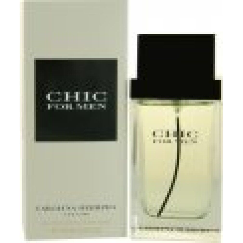 Flacone e confezione. Scritta: CHIC FOR MEN e CAROLINA HERRERA. Forma rettangolare.