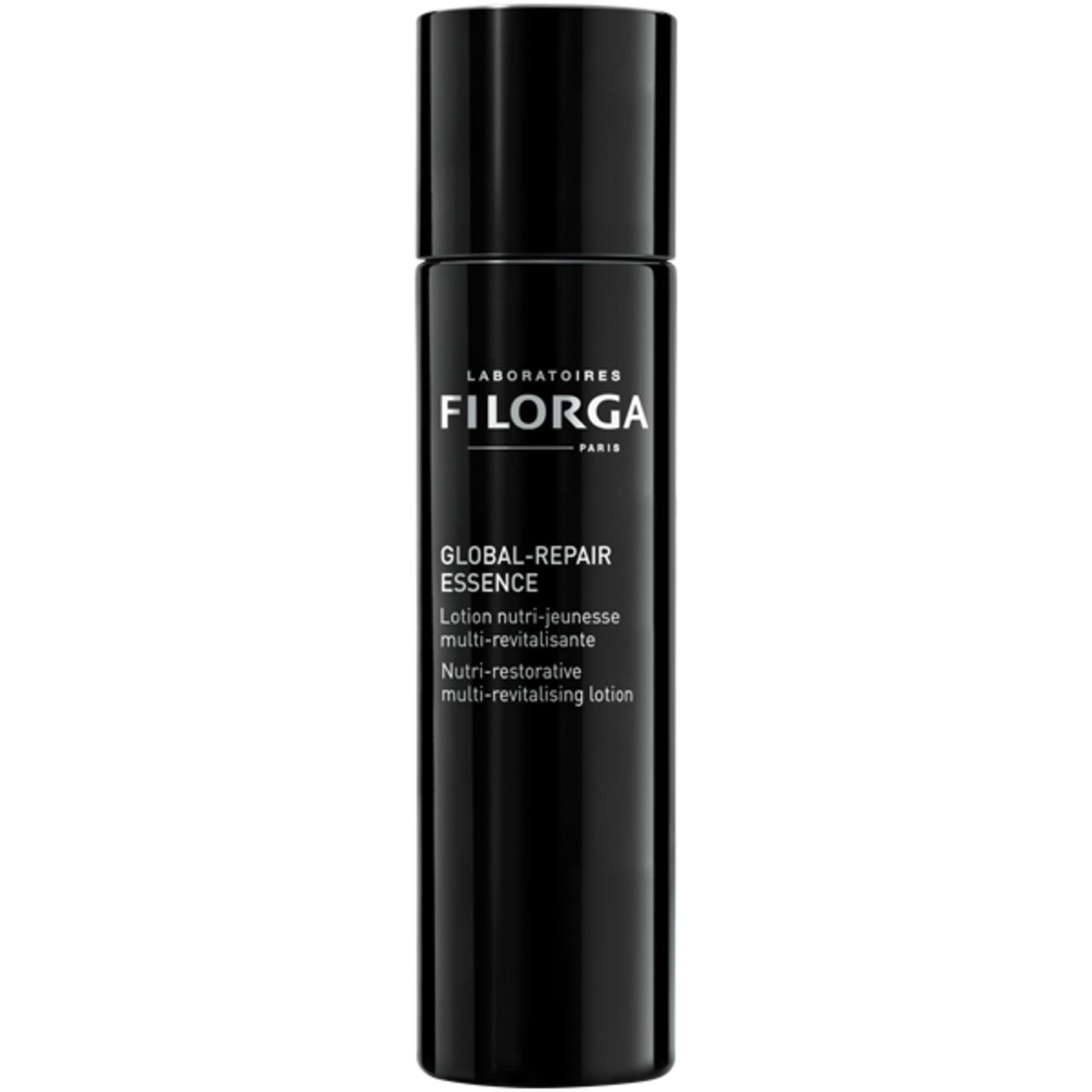 Flacone nero con testo bianco. Scritta: FILORGA, GLOBAL-REPAIR ESSENCE, Lotion nutri-jeunesse multi-revitalisante.